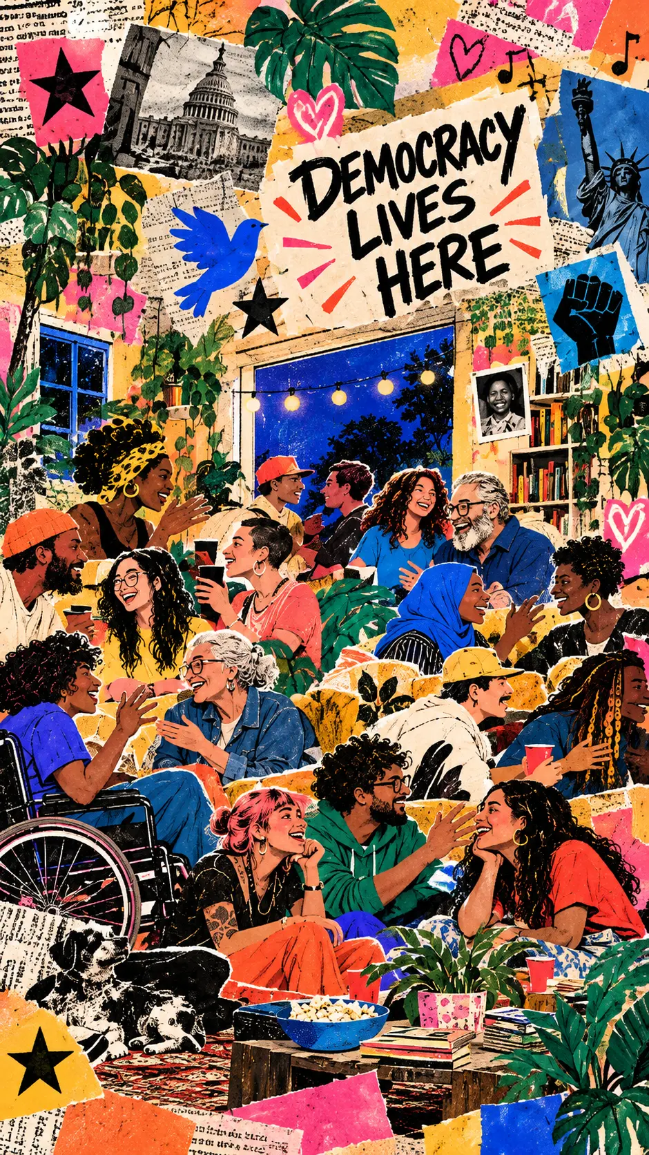 A collage illustration of a lively living room party: a diverse, multi-generational group talking and laughing together, plants and string lights behind them, and a bold torn-paper sign reading Democracy Lives Here on the wall.