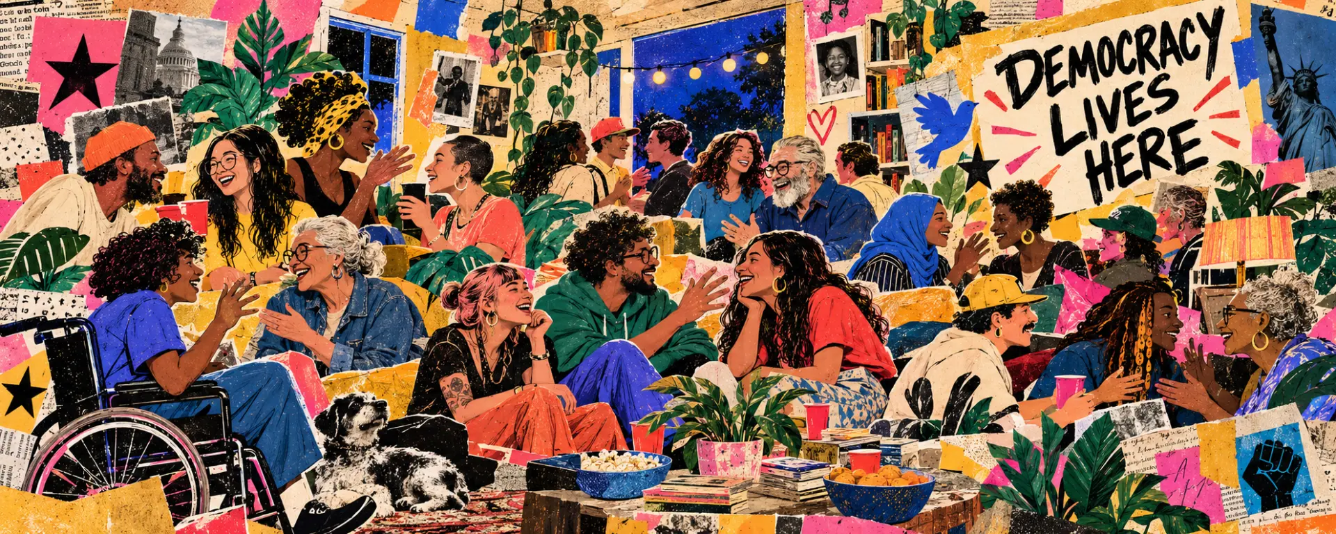 A collage illustration of a lively living room party: a diverse, multi-generational group talking and laughing together, a dog resting on the rug, and a bold torn-paper sign reading Democracy Lives Here on the wall.